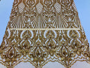 Holographic Gold Sequin Fabric on Mesh Lace, Damask Design 4Way Stretch Embroidery With Sequin on a Mesh-Prom-Gown By The Yard