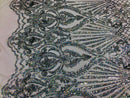 Holographic Silver Sequin Fabric on White Mesh Lace, Damask Design 4Way Stretch Embroidery With Sequin on a Mesh-Prom-Gown By The Yard
