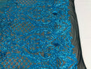 Holographic Turquoise Sequin Fabric on Black Mesh Lace, Damask Design 4Way Stretch Embroidery With Sequin on a Mesh-Prom-Gown By The Yard