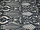 Holographic Black/Navy Sequin Fabric on Blush Mesh Lace, Damask Design 4Way Stretch Embroidery With Sequin on a Mesh-Prom-Gown By The Yard