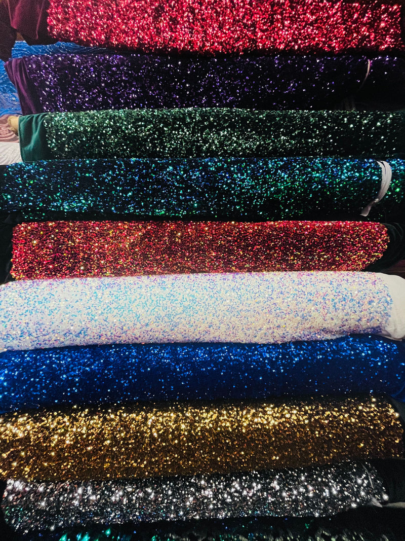 Iridescent Muti-Color on Black Stretch Velvet With Luxury Sequins all Over 5mm Shining Sequins 2-way Stretch 58/60” (Choose The Quantity)
