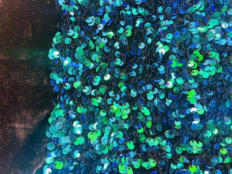 Iridescent Green Sequin on Black Stretch Velvet With Luxury Sequins all Over 5mm Shining Sequins 2-way Stretch 58/60” (Choose The Quantity)