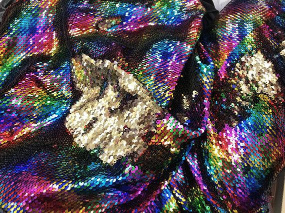 Rainbow/Gold Flip Up Sequins Reversible, 2-Way Stretch 58/60” Sequins Fabric Dresses-Nightgowns-Prom Gown (Choose The Quantity)