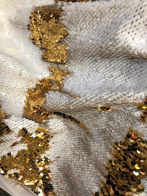 Gold/White Flip Up Sequins Reversible, 2-Way Stretch 58/60” Sequins Fabric Dresses-Nightgowns-Prom Gown (Choose The Quantity)