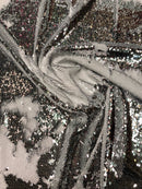 White/Silver Flip Up Sequins Reversible, 2-Way Stretch 58/60” Sequins Fabric Dresses-Nightgowns-Prom Gown (Choose The Quantity)