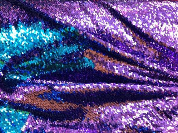 Purple/Turquoise Flip Up Sequins Reversible, 2-Way Stretch 58/60” Sequins Fabric Dresses-Nightgowns-Prom Gown (Choose The Quantity)