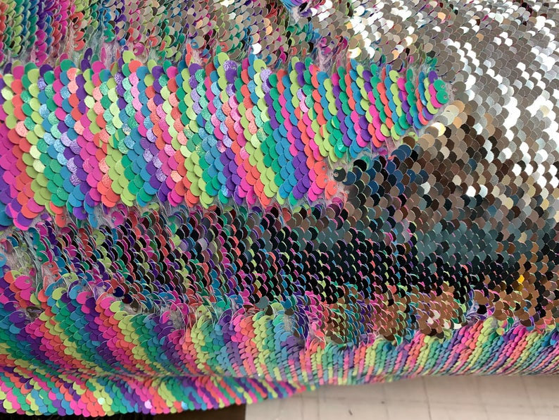 Multi-color Silver Flip Up Sequins Reversible, 2-Way Stretch 58/60” Sequins Fabric Dresses-Nightgowns-Prom Gown (Choose The Quantity)