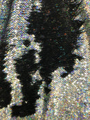 Hologram Silver/Black Flip Up Sequins Reversible, 2-Way Stretch 58/60” Sequins Fabric Dresses-Nightgowns-Prom Gown (Choose The Quantity)