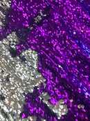 Purple/ Silver Flip Up Sequins Reversible, 2-Way Stretch 58/60” Sequins Fabric Dresses-Nightgowns-Prom Gown (Choose The Quantity)