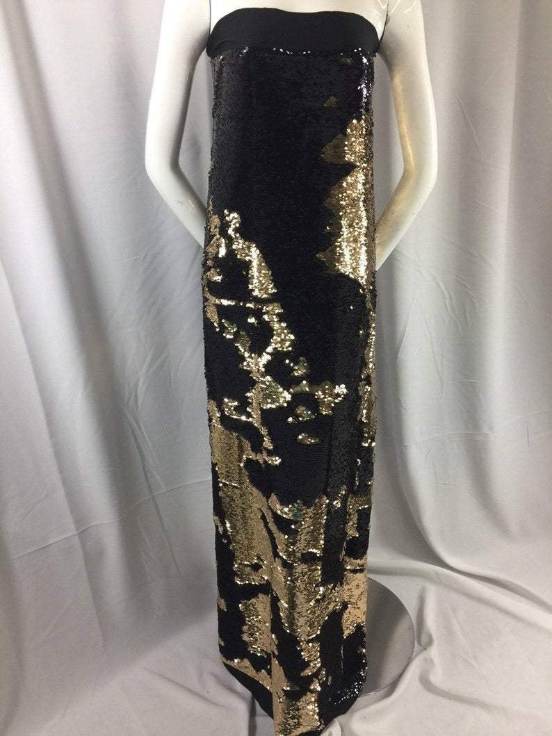 Black/Gold Flip Up Sequins Reversible, 2-Way Stretch 58/60” Sequins Fabric Dresses-Nightgowns-Prom Gown (Choose The Quantity)
