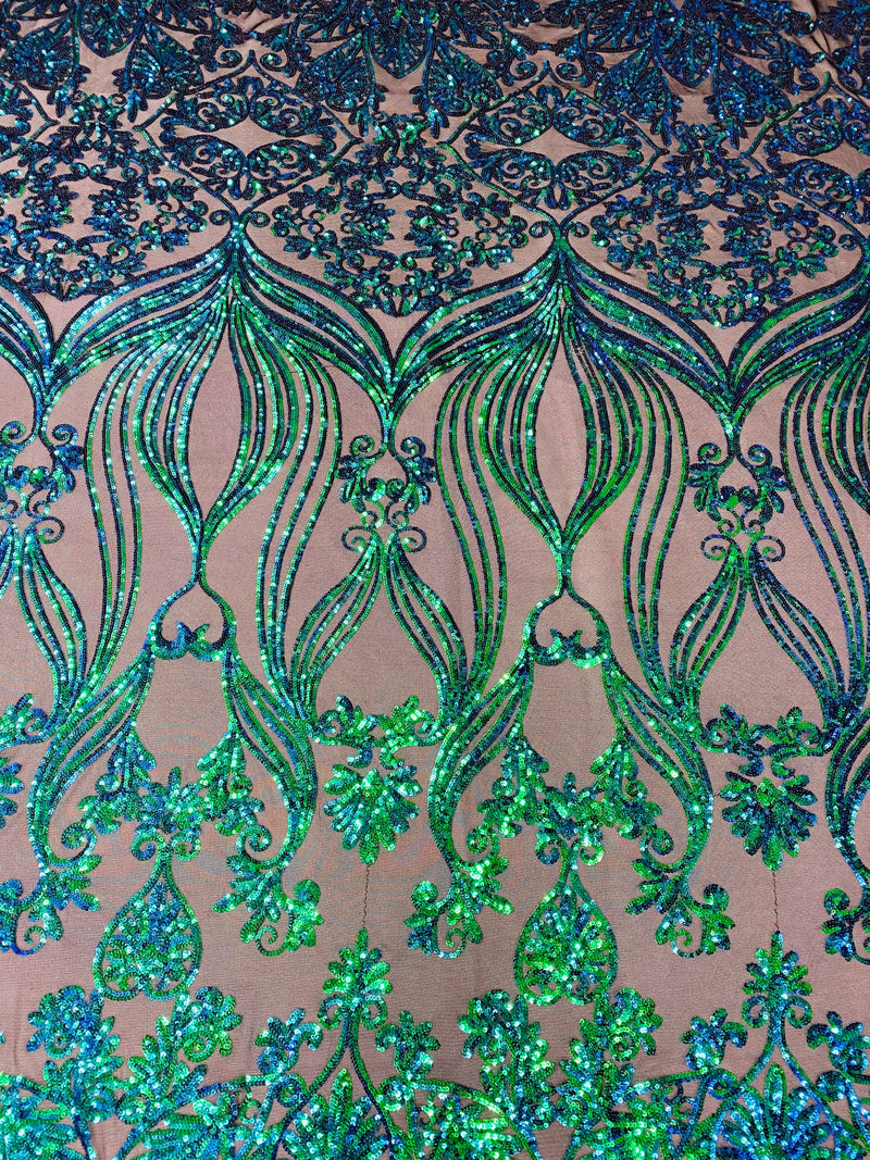 Damask Small Heart Design - Iridescent Green - Floral Heart Design Sequins on Mesh By Yard