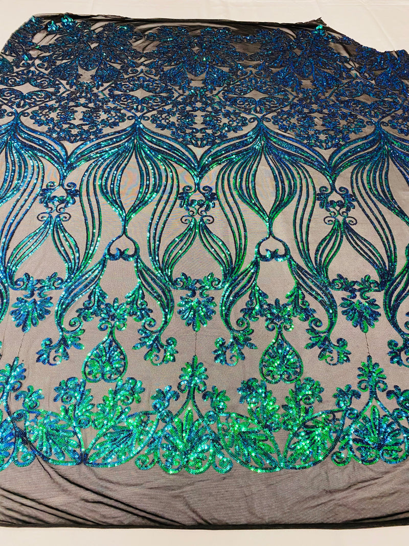 Damask Small Heart Design - Iridescent Green - Floral Heart Design Sequins on Mesh By Yard