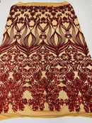 Damask Small Heart Design - Burnt Orange - Floral Heart Design Sequins on Mesh By Yard
