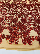Damask Small Heart Design - Burnt Orange - Floral Heart Design Sequins on Mesh By Yard