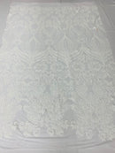 Damask Small Heart Design - White - Floral Heart Design Sequins on Mesh By Yard