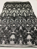 Black Sequin on Black Mesh 4way Stretch Embroidery With Sequin on a Mesh Lace Fabric By The Yard For Gown, Wedding-Bridal-Dress