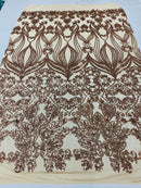 Damask Small Heart Design - Rose Gold on Light Nude - Floral Heart Design Sequins on Mesh By Yard