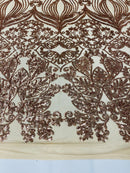 Damask Small Heart Design - Rose Gold on Light Nude - Floral Heart Design Sequins on Mesh By Yard