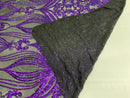 Damask Small Heart Design - Purple Sequin on Black - Floral Heart Design Sequins on Mesh By Yard