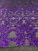 Damask Small Heart Design - Purple Sequin on Black - Floral Heart Design Sequins on Mesh By Yard