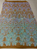 Aqua Iridescent Sequin on Skin Mesh 4way Stretch Embroidery With Sequin on a Mesh Lace Fabric By The Yard For Gown, Wedding-Bridal-Dress