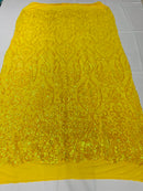 Yellow Iridescent Sequin on Yellow Mesh 4way Stretch Embroidery With Sequin on a Mesh Lace Fabric By The Yard For Gown, Wedding-Bridal-Dress