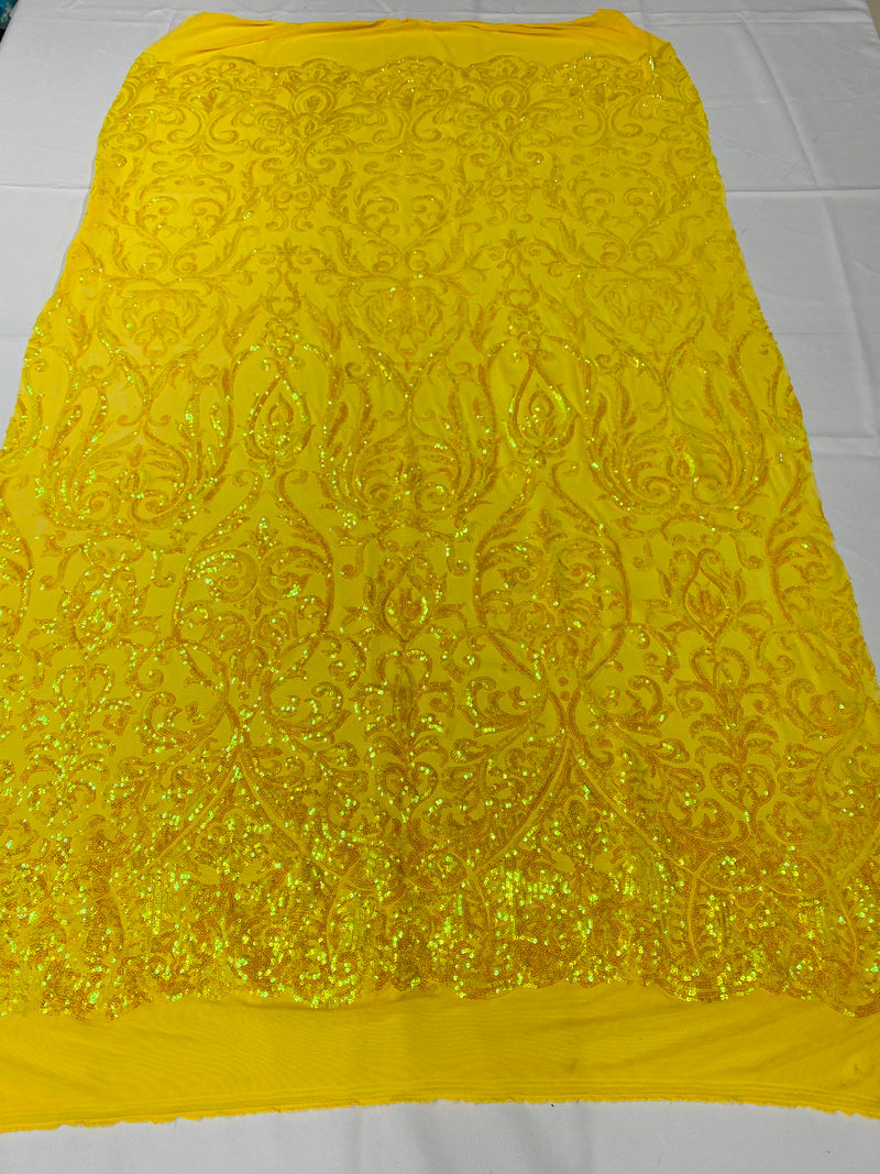 Yellow Iridescent Sequin on Yellow Mesh 4way Stretch Embroidery With Sequin on a Mesh Lace Fabric By The Yard For Gown, Wedding-Bridal-Dress