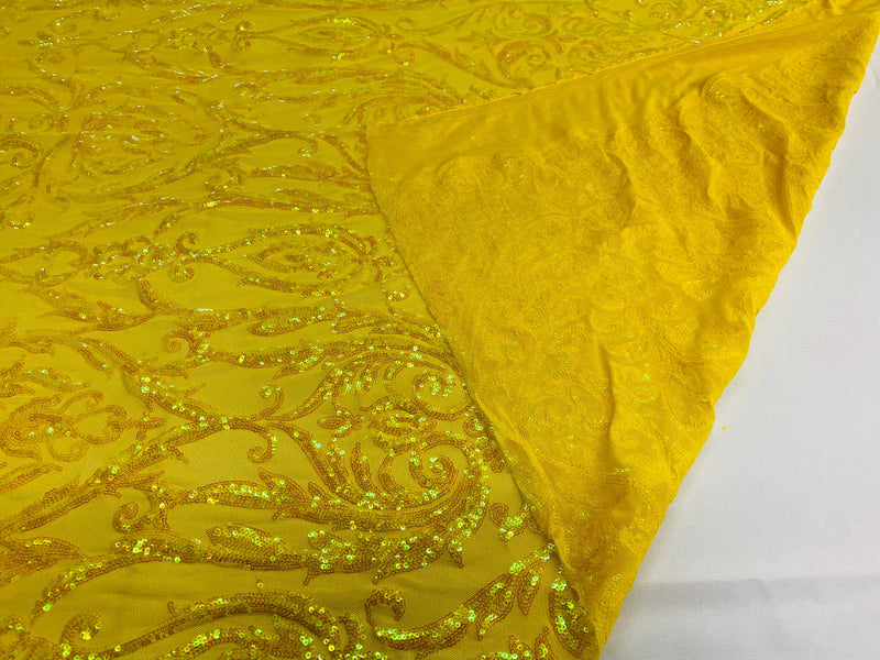 Yellow Iridescent Sequin on Yellow Mesh 4way Stretch Embroidery With Sequin on a Mesh Lace Fabric By The Yard For Gown, Wedding-Bridal-Dress
