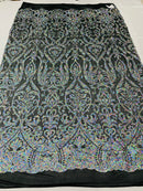 Silver Holographic Sequin on Black Mesh 4way Stretch Embroidery With Sequin on a Mesh Lace Fabric By The Yard For Gown, Wedding-Bridal-Dress