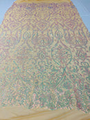Damask Fancy Pattern Fabric - Iridescent Sequin on Lt Nude - 4 Way Stretch Sequins Prom Design By Yard
