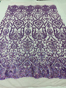 Damask Fancy Pattern Fabric - Lilac Holographic - 4 Way Stretch Sequins Prom Design By Yard