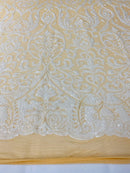 White Sequin on Nude Mesh 4way Stretch Embroidery With Sequin on a Mesh Lace Fabric By The Yard For Gown, Wedding-Bridal-Dress