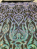 Damask Fancy Pattern Fabric - Iridescent Aqua on Black - 4 Way Stretch Sequins Prom Design By Yard