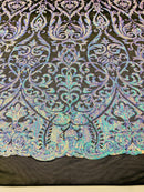 Damask Fancy Pattern Fabric - Iridescent Aqua on Black - 4 Way Stretch Sequins Prom Design By Yard