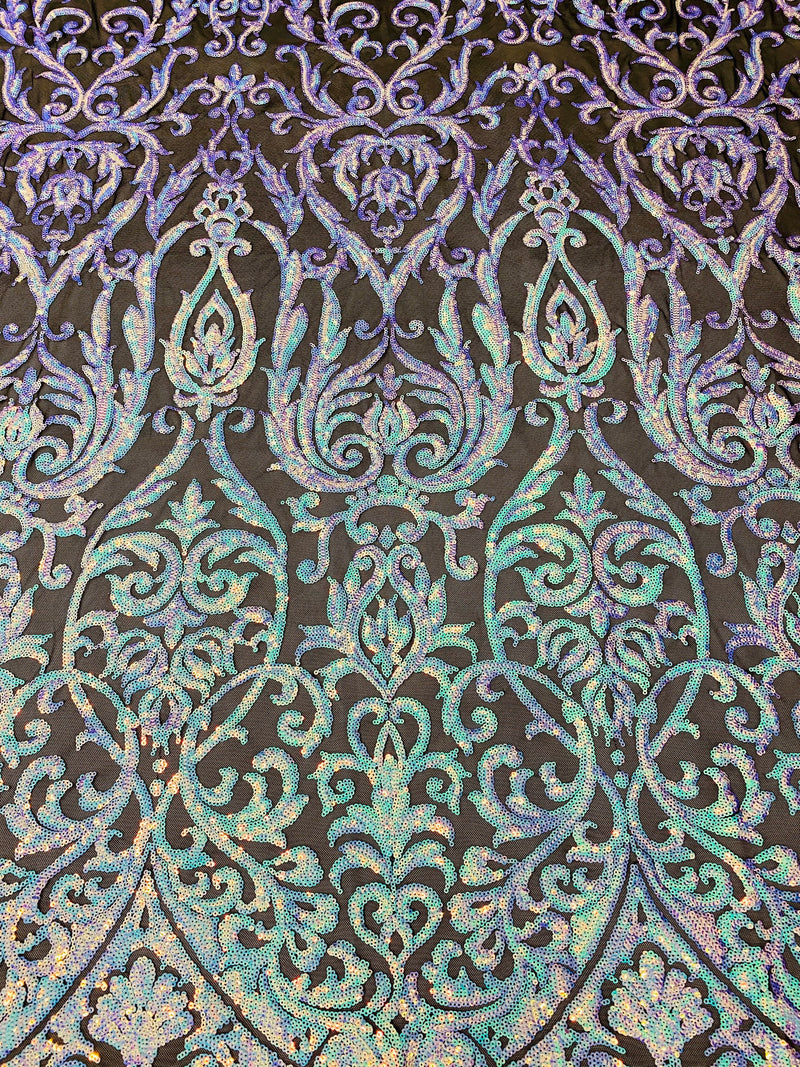 Damask Fancy Pattern Fabric - Iridescent Aqua on Black - 4 Way Stretch Sequins Prom Design By Yard