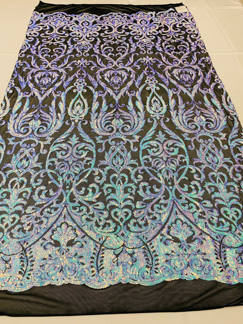 Damask Fancy Pattern Fabric - Iridescent Aqua on Black - 4 Way Stretch Sequins Prom Design By Yard