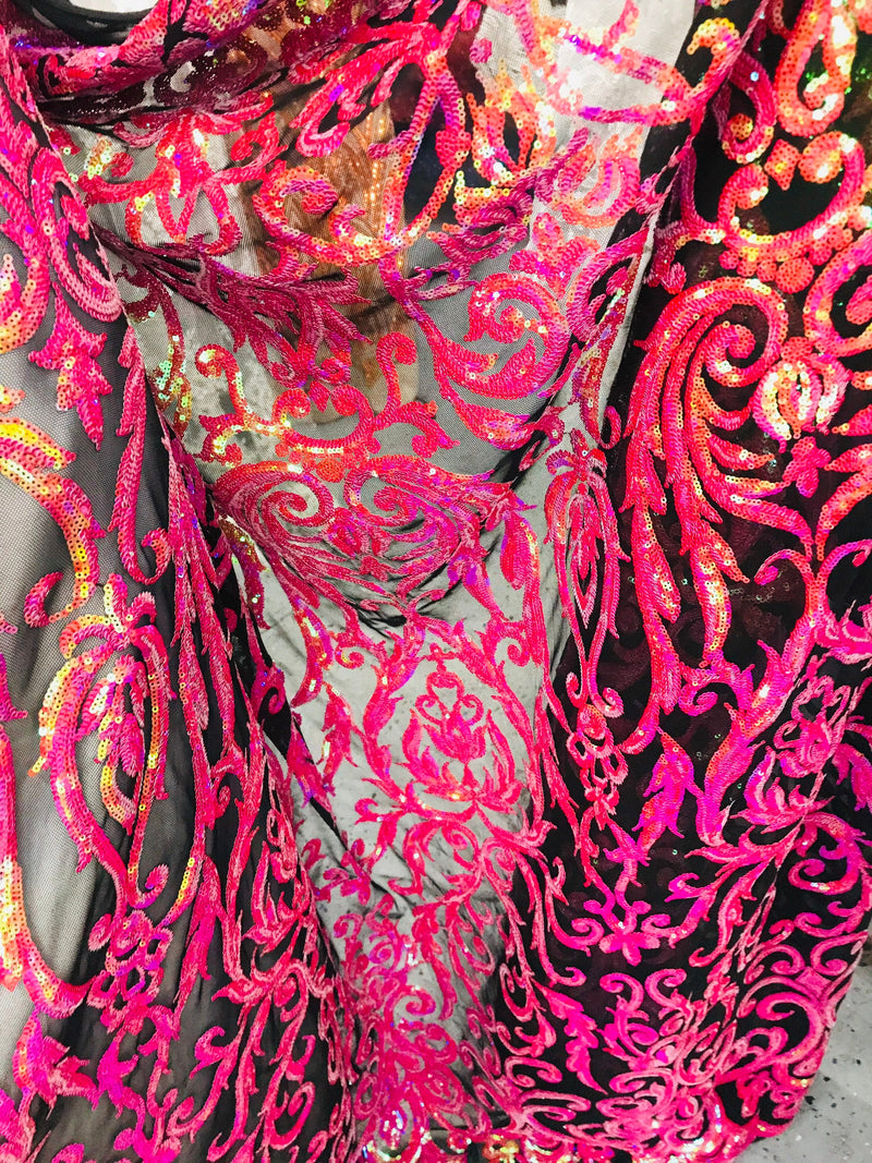 Damask Fancy Pattern Fabric - Iridescent Orange - 4 Way Stretch Sequins Prom Design By Yard