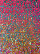Damask Fancy Pattern Fabric - Iridescent Orange - 4 Way Stretch Sequins Prom Design By Yard