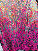 Damask Fancy Pattern Fabric - Iridescent Orange - 4 Way Stretch Sequins Prom Design By Yard