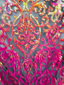 Damask Fancy Pattern Fabric - Iridescent Orange - 4 Way Stretch Sequins Prom Design By Yard