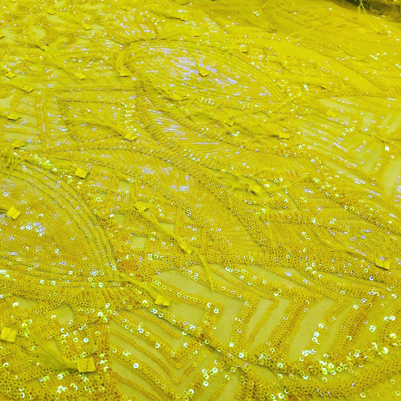 Luxury Feather Sequins - Iridescent Yellow- 4 Way Stretch Glamorous Fringe Feather Sequins Fabric Spandex Mesh-Prom-Gown By The Yard