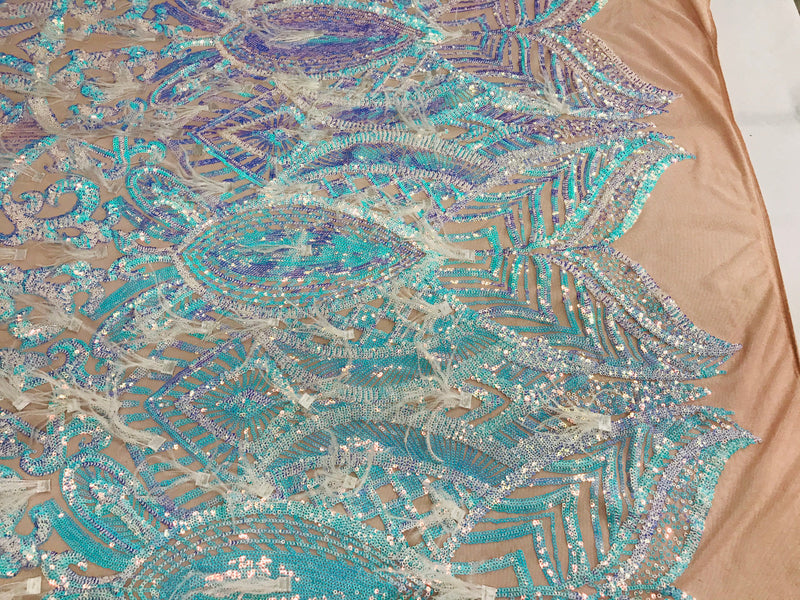 Luxury Feather Sequins - Iridescent Aqua - 4 Way Stretch Glamorous Fringe Feather Sequins Fabric Spandex Mesh-Prom-Gown By The Yard