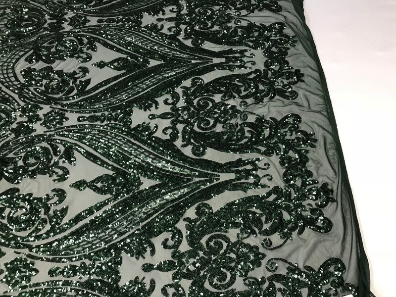Hunter Green Sequin Damask Design - 4 Way Stretch Sequin Fabric Spandex Mesh-Prom-Gown By The Yard