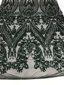 Hunter Green Sequin Damask Design - 4 Way Stretch Sequin Fabric Spandex Mesh-Prom-Gown By The Yard