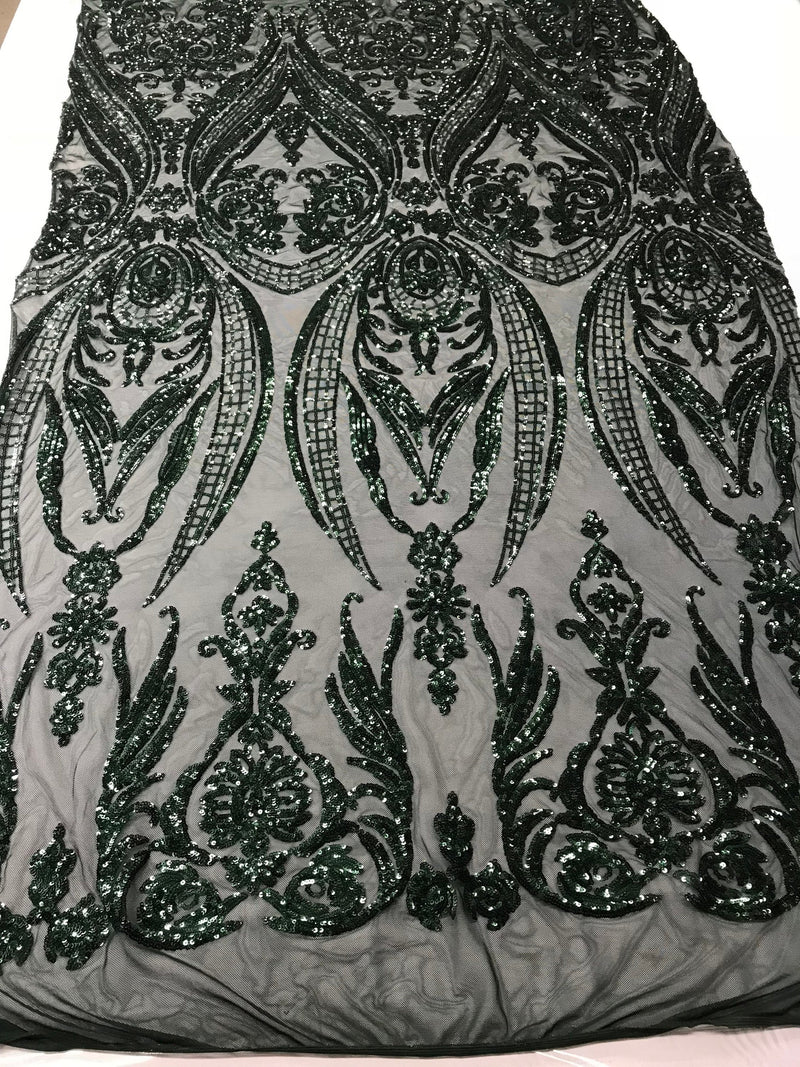 Hunter Green Sequin Damask Design - 4 Way Stretch Sequin Fabric Spandex Mesh-Prom-Gown By The Yard