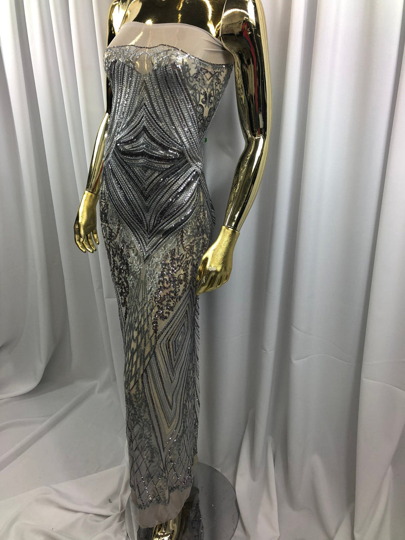 Gray Sequins on Mesh, Geometric Design on Mesh 4way Stretch Sequin-Prom-Gown By The Yard