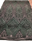 Hunter Green Sequins on Mesh, Geometric Design on Mesh 4way Stretch Sequin-Prom-Gown By The Yard