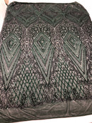 Hunter Green Sequins on Mesh, Geometric Design on Mesh 4way Stretch Sequin-Prom-Gown By The Yard