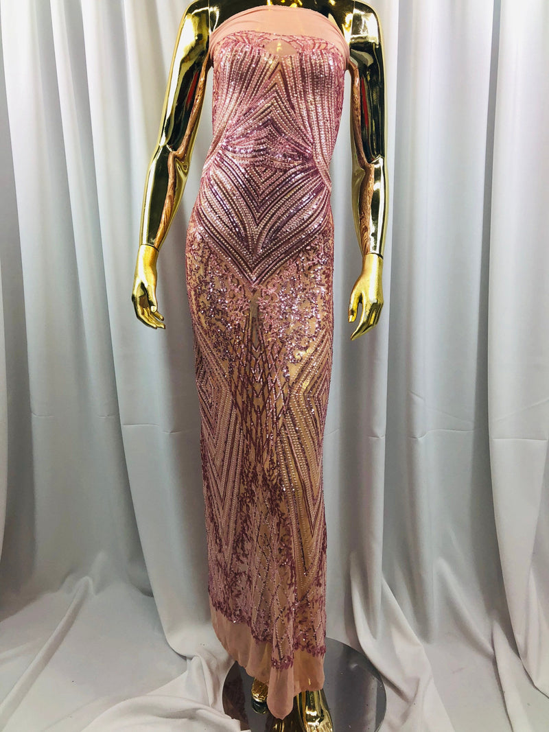 Dusty Rose Sequins on a Mesh, Geometric Design Embroidered on a Mesh 4way Stretch Sequin-Prom-Gown By The Yard