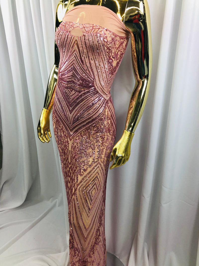 Dusty Rose Sequins on a Mesh, Geometric Design Embroidered on a Mesh 4way Stretch Sequin-Prom-Gown By The Yard